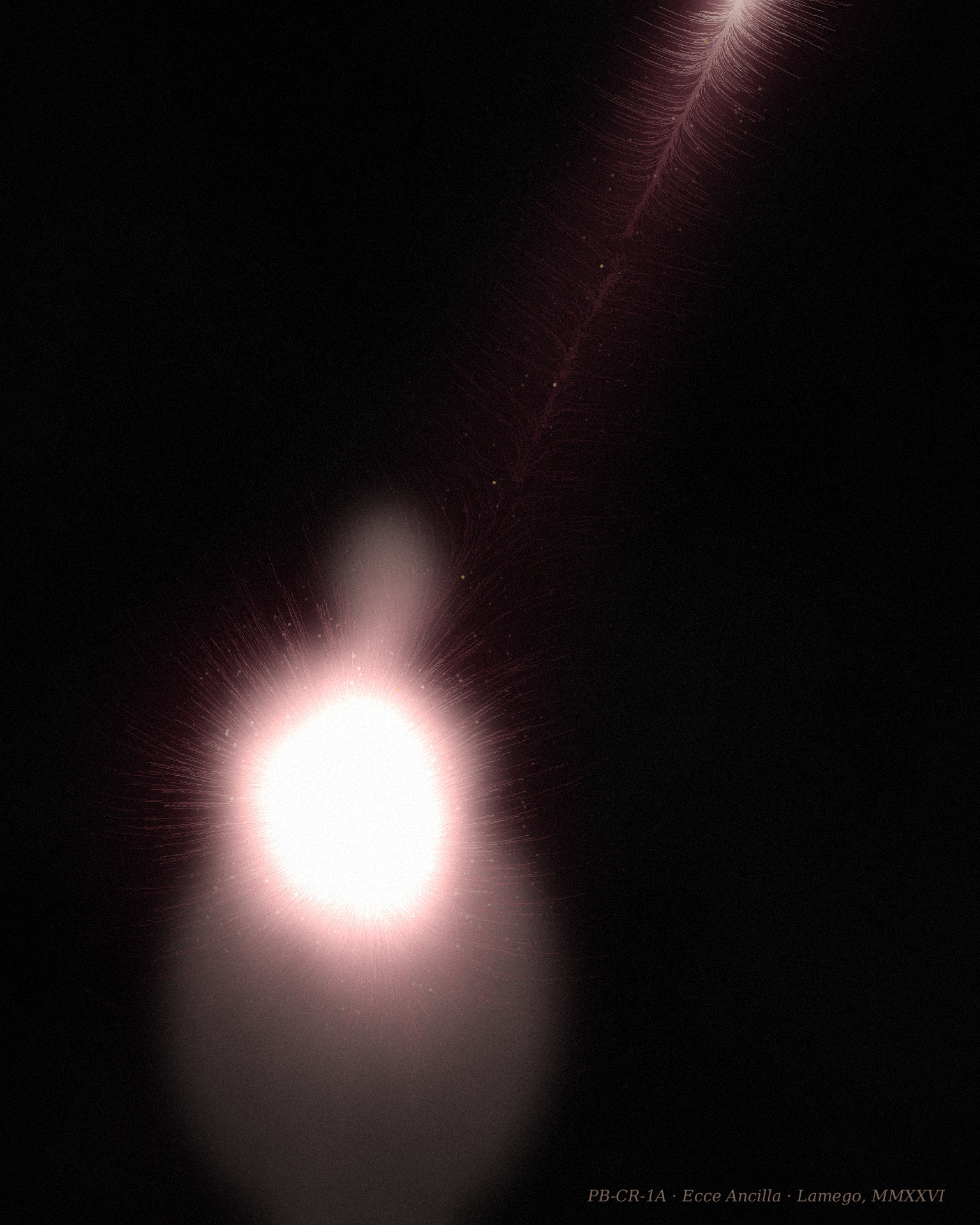 PB-CR-1A — Ecce Ancilla: feixe de luz rubi desce do alto sobre figura velada que o recebe, em claroescuro sobre negro.